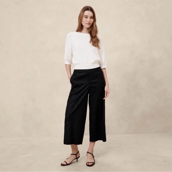 NWT Banana Republic Wide Leg Linen Blend Crop Pull On Black Pant Sz L (#568213) - Picture 2 of 8